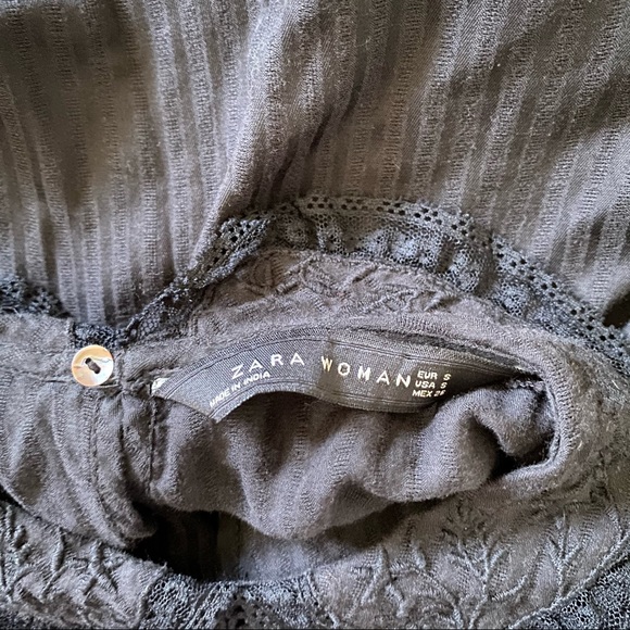 ZARA Woman Size Small Black Peter Pan Collar Chiffon Long Sleeve Blouse Crop Top - Picture 6 of 6